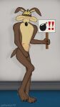 absurd_res anthro bladder_bulge blush blush_lines bodily_fluids canid canine canis covering covering_crotch coyote desperation embarrassed full_bladder genital_fluids hand_on_crotch hi_res looking_at_viewer looney_tunes male mammal nude omorashi peeing peeing_on_ground potty_dance sign solo sphusky72 tears toony urine urine_on_ground warner_brothers wetting wile_e._coyote