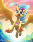  2018 4_toes avian bird_feet blue_body blue_eyes blue_feathers celebi-yoshi claws digital_media_(artwork) european_mythology eyelashes feathered_wings feathers feet female feral flower freckles friendship_is_magic greek_mythology hasbro hi_res hippogriff hooves jewelry my_little_pony my_little_pony:_the_movie_(2017) mythological_avian mythology necklace open_mouth open_smile plant princess_skystar_(mlp) seashell shell smile spread_wings toe_claws toes wings yellow_body yellow_feathers 