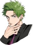  1boy black_shirt brown_eyes commentary_request dress_shirt earrings fingernails green_hair hands_on_own_chin highres jewelry kaohom503 looking_at_viewer male_focus necktie phantom_busters purple_necktie ring shirt short_hair simple_background solo tamon_kotarou thumb_ring white_background 