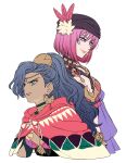  1girl blue_hair bob_cut breasts circlet cleavage cloak closed_mouth commentary crescent crescent_earrings dark-skinned_female dark_skin earrings fire_emblem fire_emblem:_fortune's_weave gold_choker gold_earrings green_eyes high_ponytail highres jewelry leda_(fire_emblem) long_hair maria_(fire_emblem:_fortune's_weave) nagisa_(12363) pink_hair ponytail red_cloak smile turban wavy_hair 