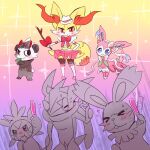2016 ambiguous_anthro ambiguous_feral ambiguous_gender anthro biped blush bodily_fluids bottomwear bow_ribbon braixen bunnelby canid chespin clothed clothed_anthro clothed_feral clothing crossed_arms digital_media_(artwork) digitigrade dipstick_tail eating eeveelution eyelashes eyes_closed eyewear eyewear_on_head feral flying_sweatdrops front_view generation_6_pokemon greninja group hat headgear headwear holding_object holding_stick leaf leaf_in_mouth looking_at_viewer mammal markings melt_(artist) nintendo pancham pokemon pokemon_(species) quadruped ribbons_(anatomy) serena's_delphox serena's_pancham serena's_sylveon simple_background skirt smile sparkles standing stick sunglasses sunglasses_on_head sweat sweatdrop sylveon tail tail_markings tears trio_focus unavailable_at_source wearing_sunglasses