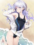  1girl barefoot beach black_one-piece_swimsuit breasts commission competition_swimsuit cowboy_shot dosei highres jacket long_hair lying on_side one-piece_swimsuit open_clothes open_jacket original purple_eyes sand skeb_commission small_breasts smile solo swimsuit waves white_hair white_jacket 