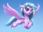  2018 avian blue_hair blue_tail celebi-yoshi digital_media_(artwork) european_mythology eyelashes feathered_wings feathers female feral flying friendship_is_magic fur greek_mythology hair hasbro hippogriff hooves jewelry looking_at_viewer my_little_pony mythological_avian mythology necklace open_mouth pink_body pink_feathers pink_fur purple_eyes signature silverstream_(mlp) spread_wings wings 