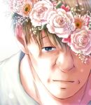  1boy blonde_hair blue_eyes closed_mouth commentary_request flower head_wreath male_focus monster_(manga) one_eye_covered pink_flower shirt solo white_background white_shirt wolfgang_grimmer yyi_(monsterlogs) 