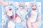  >_< 1girl 1other animal_ears ball blue_eyes chibi chibi_inset closed_mouth collar commentary dog_ears dog_girl dog_tail english_commentary grey_hair hair_between_eyes hair_ornament headpat indie_virtual_youtuber long_hair looking_at_viewer multicolored_nails multiple_views one_eye_closed open_mouth pink_collar pointy_ears shirt spiked_collar spikes tail tennis_ball tennis_ball_hair_ornament thighs tolo_mag vei_(dog_girl)_(vtuber) vei_(vtuber) virtual_youtuber white_shirt x_hair_ornament 