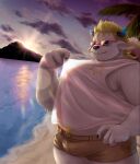  2022 absurd_res anthro babe_bunyan beach belly bottomwear bovid bovine bulge cattle clothing detailed_background eyewear guadr hi_res humanoid_hands kemono lifewonders male mammal moobs mountain outside overweight overweight_male seaside shirt shorts solo sun sunglasses tokyo_afterschool_summoners topwear video_games white_body 