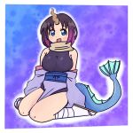 1girl bare_shoulders black_hair blue_background blue_eyes blush breasts cloki dragon_girl dragon_horns dragon_tail elma_(maidragon) gradient_hair highres horns japanese_clothes kimono kobayashi-san_chi_no_maidragon large_breasts leotard leotard_peek leotard_under_clothes long_sleeves multicolored_hair obi off_shoulder open_clothes open_kimono open_mouth purple_background ribbon sash scarf short_hair single_horn sitting skin_tight slit_pupils smile solo tail two-tone_hair wariza 