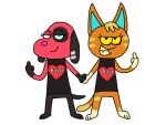 animal_crossing anthro barefoot bottomless canid canine canis cherry_(animal_crossing) clothed clothing domestic_cat domestic_dog duo feet felid feline felis female female/female flipping_viewer_off gesture hand_gesture hand_holding hi_res humor katt_(animal_crossing) looking_at_viewer mammal matching_outfits middle_finger nintendo profanity pun willcharles