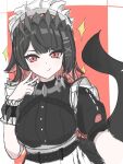  1girl apron black_hair commentary_request ellen_joe fins fish_tail hair_ornament highres looking_at_viewer maid maid_apron maid_headdress mole mole_under_eye multicolored_hair razor_blade_hair_ornament red_hair shark_girl shark_tail solo tail two-tone_hair white_apron white_headdress x_hair_ornament yasugoisu zenless_zone_zero 