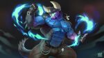 abs absurd_res anthro arm_spikes belt belt_chain biceps black_body blue_body blue_fire bottomwear clock clothed clothing colored_fire digital_media_(artwork) dog_tags dragon elbow_spikes elemental_manipulation facial_horn fangs fingerless_gloves fire fire_manipulation fist gloves gui_(direwarewolf) handwear head_horn hi_res horn jewelry male muscular muscular_arms mythological_creature mythological_scalie mythology navel necklace nose_horn obliques open_mouth pants pecs raised_fist raised_hand scalie serious serratus solo spikes spikes_(anatomy) tail teeth thick_horn topless watch wingless_dragon wristwatch wufrick yellow_eyes