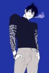  1boy alternate_tattoo arm_tattoo bags_under_eyes blue_background blue_eyes chainsaw_man cigarette closed_mouth commentary_request covered_pectorals earrings from_below greyscale_with_colored_background hayakawa_aki highres jewelry jmt_sungnyung korean_commentary looking_at_viewer male_focus messy_hair pants pectorals shirt smoking solo tattoo topknot turtleneck turtleneck_shirt watch wristwatch 