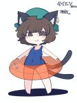 1girl :3 animal_ears brown_eyes brown_hair cat_ears cat_tail chen earrings fang fang_out fried_rice0614 hat innertube jewelry multiple_tails nekomata one-piece_swimsuit open_mouth piercing school_swimsuit single_earring smile solo swimsuit tail touhou two_tails 