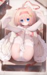  1girl absurdres ahoge ass blonde_hair blue_eyes blush collarbone crotch_seam feet four-finger_heart_hands from_above hair_between_eyes hair_ornament hairband hairclip heart heart_hands highres lace-trimmed_panties lace_trim legs_up looking_at_another lying maid medium_hair messy_hair micho_(komehina_micho) no_shoes on_back on_table original panties print_panties red_hairband sweat table thighhighs thighs tile_floor tiles toe_scrunch toes underwear white_panties white_thighhighs 