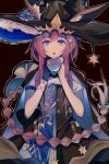  1girl amiya_(arknights) animal_ears arknights azukyou blue_eyes brown_hair chinese_commentary commentary_request hair_between_eyes hat highres jewelry long_hair long_sleeves multiple_rings ponytail rabbit_ears rabbit_girl ring ring_on_every_finger witch_hat 