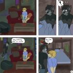1:1 5_panel_comic anthro ashtray backpack bean_bag bed bedroom black_clothing black_hair black_shirt black_topwear blonde_hair blue_clothing blue_eyes blue_shirt blue_topwear book border_collie bottomwear brown_eyes canid canine canis cheek_tuft clothed clothing coffee_table collie comic dialogue domestic_dog duo english_text eye_contact facial_tuft fur furniture grey_body grey_fur hair hands_behind_back herding_dog hi_res holding_book holding_object husky hybrid inside jeremy_(kriek_wildebeest) kriek_wildebeest looking_at_another male mammal multiple_scenes nordic_sled_dog on_sofa pants pastoral_dog profanity sheepdog shirt sitting sitting_on_sofa smile smiling_at_another smiling_at_each_other sofa spitz table text tom_(kriek_wildebeest) topwear tuft wolf yellow_body yellow_fur