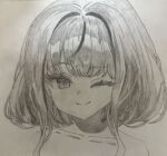  1girl alternate_hair_length_(shorter) alternate_hairstyle bare_shoulders closed_mouth commentary graphite_(medium) greyscale hair_intakes hanako_nana highres looking_at_viewer monochrome one_eye_closed piengnariya portrait short_hair_with_long_locks smile solo stellive traditional_media virtual_youtuber 