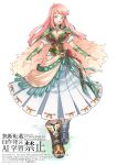  1girl absurdres blue_socks boots breasts brown_boots brown_corset cape cleavage commentary_request corset full_body fur_boots fur_cape green_cape green_eyes green_shirt highres karnos_(ragnarok_online) long_hair looking_at_viewer medium_breasts open_mouth pink_hair pleated_skirt ragnarok_online roio_ray shirt short_sleeves simple_background skirt smile socks solo tassel vambraces watermark white_background white_skirt 