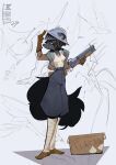 adriano_romea_corsini anthro armor aviator_jacket big_tail biped black_body black_fur blue_eyes bottomwear breasts cargo_pants clothing dragon female fluffy fluffy_tail fur grey_body grey_fur grey_hair gun hair hair_over_eye headgear helga_"flare"_gun helmet hi_res holding_gun holding_object holding_ranged_weapon holding_weapon inner_ear_fluff mammal mustelid musteline mythological_creature mythological_scalie mythology nipple_outline oversized_bottomwear oversized_clothing oversized_pants pants ranged_weapon scalie shirt sketch sketch_background slim_female small_breasts solo tail tank_top topwear true_musteline tuft weapon weasel