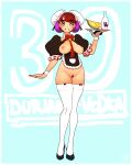  1girl alcohol bottomless breasts breasts_out cheunchin cup drinking_glass durian english_commentary english_text flats full_body highres holding holding_tray large_breasts maid original pubic_hair red_eyes shot_glass smile standing thighhighs tray vodka wrist_cuffs 