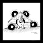 anthro canid canine canis doghouse domestic_dog dust ears_down eyebrows fur looking_at_another male mammal monochrome pivoted_ears reksio reksio_(series) sabakunoshi solo white_body white_fur