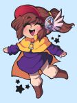  1girl :d a_hat_in_time ankle_boots badge blue_background blush boots brown_boots brown_hair brown_pants button_badge cape child closed_eyes commentary english_commentary facing_viewer full_body hair_tie hat_kid highres jacket kuriarty long_hair long_sleeves open_mouth pants ponytail purple_jacket red_visor_cap sidelocks signature smile solo star_(symbol) teeth tongue upper_teeth_only visor_cap winged_headwear yellow_cape zipper_pull_tab 
