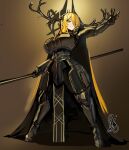  1girl 9is alternate_breast_size_(larger) antlers arm_at_side arm_up armor black_armor black_cape blonde_hair breastplate breasts cape closed_mouth commentary_request don_quixote_(project_moon) faulds from_below gauntlets gradient_background greaves hair_over_one_eye haute_couture::le_noir_brand_manager_(identity)_(project_moon) holding holding_weapon horns limbus_company long_hair looking_at_viewer outstretched_arm pauldrons poleyn project_moon rerebrace sabaton shoulder_armor signature simple_background solo tassel vambraces very_long_hair weapon yellow_background yellow_eyes 