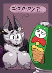 absurd_res anthro areola big_areola big_breasts big_nipples black_body black_fur black_tail bottomless bottomless_anthro bottomless_male bottomwear breasts can checking cheek_spiral claws clothed clothing comic container dark_areola dark_nipples dialogue domestic_cat duo ear_piercing english_text eyebrows felid feline felis female finger_claws fur gloves_(marking) grey_body grey_fur hi_res hotpants huge_areola huge_breasts hybrid inflated_object inflating_object inflation ippa_(ipskrimson) ippy_(ipskrimson) ipskrimson lagomorph leporid male mammal markings mars_incorporated multicolored_body multicolored_fur nipples obscured_face piercing pringles pringles_can purple_bottomwear purple_clothing purple_shorts rabbit shorts stuck_to_penis tail text topless topless_anthro topless_female two_tone_body two_tone_fur unsure worried
