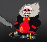 bdsm blush bodily_fluids bondage bone bottomwear bound clothing collar cum cum_drip dripping erection genital_fluids genitals gold_(metal) gold_tooth hands_behind_back humanoid kneeling looking_down looking_pleasured male micro not_furry offscreen_character open_mouth overweight overweight_male penis red_clothing red_eyes red_penis red_shirt red_topwear sans_(underfell) sans_(undertale) sharp_teeth shirt shorts shortsnas skeleton solo stained_clothing sweat tape tape_bondage teeth topwear touching_penis undertale_(series)