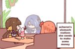  3girls acheron_(honkai:_star_rail) black_choker booth_seating braid brown_hair cafe chibi chibi_only choker dorkdragoon dress english_commentary english_text food fruit guinaifen_(honkai:_star_rail) hair_ornament hair_over_one_eye half_up_braid honkai:_star_rail honkai_(series) indoors long_hair looking_at_another multicolored_hair multiple_girls orange_hair parfait plant purple_eyes purple_hair restaurant ribbon sitting strawberry strawberry_parfait streaked_hair sushang_(honkai:_star_rail) sweat sweatdrop table twintails window 