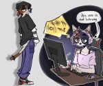 absurd_res accessory anthro bat_bad beanie black_beanie black_clothing black_hat black_headwear black_shirt black_t-shirt black_topwear blue_body blue_bottomwear blue_clothing blue_fur blue_pants boob_mousepad bottomwear bra_strap cat_ear_headband cat_ear_headwear cat_headphones censored_text chain_accessory clothing collar collarbone colored computer_keyboard computer_mouse computer_screen container cup desk domestic_cat drinking_straw ear_piercing electronics english_text epic_games eyebrows fangs felid feline felis female footwear fortnite full-length_portrait fur furgonomics furniture gaming_chair half-closed_eyes hat headgear headphones headwear hi_res his_ass_is_not_x long_sleeves looking_at_viewer looking_back looking_back_at_viewer mammal meow_skulls mousepad mouth_closed multicolored_body multicolored_face multicolored_fur narrowed_eyes one_fang open_:3 open_mouth orange_body orange_fur pants piercing pink_clothing pink_shirt pink_t-shirt pink_topwear portrait shirt shoelaces shoelaces_untied shoes side_view simple_background sitting sitting_at_desk solo speech_bubble spiked_collar spikes standing t-shirt table tail tail_accessory tail_collar tan_body tan_fur teeth text tongue_showing topwear white_background yellow_eyes