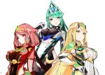  3girls bangs blonde_hair breasts chest_jewel cleavage cleavage_cutout clothing_cutout dress green_eyes green_hair large_breasts long_hair multiple_girls mythra_(xenoblade) pneuma_(xenoblade) ponytail pyra_(xenoblade) red_eyes red_hair short_dress short_hair swept_bangs tim_(a9243190a) very_long_hair white_dress xenoblade_chronicles_(series) xenoblade_chronicles_2 yellow_eyes 