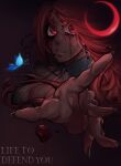  bleach bleach:_sennen_kessen-hen blood blood_from_eyes blood_on_face blue_butterfly breasts bug butterfly cleavage collared_vest commentary crescent_moon english_commentary highres inoue_orihime inoue_orihime_(sennen_kessen-hen) ll_celeste_ll long_hair loose_hair_strand moon orange_hair outstretched_arm parted_bangs parted_lips red_eyes red_moon ribbed_vest vest white_vest 