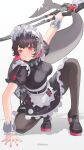  1girl absurdres apron argyle_clothes argyle_pantyhose black_hair black_pantyhose breasts candy chain commentary dated ellen_joe fins fish_tail food food_in_mouth frilled_apron frilled_hairband frills hair_between_eyes hairband high_heels highres hoavu holding holding_scissors holding_weapon large_breasts lollipop lollipop_in_mouth maid maid_apron maid_headdress nail_polish orange_eyes pantyhose puffy_short_sleeves puffy_sleeves red_hair red_nails scissors shark_girl shark_tail short_hair short_sleeves solo tail waist_apron weapon white_apron zenless_zone_zero 