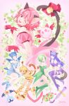  5girls :d ;d aizawa_mint animal_ears bell blonde_hair blue_dress blue_gloves blue_hair blue_wings boots brown_eyes cat_ears cat_girl cat_tail double_bun dress fong_pudding fujiwara_zakuro gloves green_boots green_dress green_eyes green_hair hair_bun highres lettustanets long_hair looking_at_viewer magical_girl masha_(tokyo_mew_mew) mew_ichigo mew_lettuce mew_mint mew_pudding mew_zakuro midorikawa_lettuce mintone_arrow momomiya_ichigo monkey_ears monkey_girl monkey_tail multiple_girls one_eye_closed open_mouth pink_dress pink_eyes pink_hair puring_ring purple_boots purple_eyes purple_hair purple_shirt purple_skirt shirt short_hair skirt smile strawbell_bell syertse tail tail_bell tail_ornament thigh_boots tokyo_mew_mew wings wolf_ears wolf_girl wolf_tail yellow_dress zacross_whip 