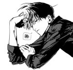  1boy cccoorou closed_eyes commentary_request greyscale hand_on_own_arm hand_on_own_forehead kim_dokja korean_commentary long_sleeves male_focus monochrome omniscient_reader's_viewpoint short_hair simple_background sleeves_rolled_up solo spoken_squiggle squiggle upper_body 