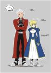  1boy 1girl ahoge archer_(fate) artoria_pendragon_(fate) blonde_hair braid braided_base braided_bun bun_with_braided_base commentary_request dark-skinned_male dark_skin dress fate/grand_order fate_(series) green_eyes hair_bun hair_slicked_back highres kogashi17 saber_(fate) size_difference spiked_hair white_hair 