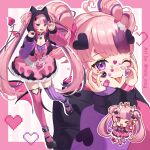  1girl ahoge asymmetrical_legwear bell black_hoodie black_shoes breasts cellphone chibi chibi_inset choker cleavage commentary demon_girl demon_tail double_bun dress hair_bun hair_ornament heart heart_ahoge heart_hair_ornament highres hood hoodie indie_virtual_youtuber ironmouse large_breasts looking_at_viewer mismatched_legwear mismatched_thighhighs multicolored_hair multiple_views neck_bell one_eye_closed phone pink_dress pink_hair pink_sleeves pink_thighhighs purple_eyes purple_hair purple_sleeves purple_streaks purple_thighhighs red_eyes shoes smartphone standing standing_on_one_leg streaked_hair tail thighhighs tolo_mag tongue tongue_out twintails untranslatable_commentary virtual_youtuber 