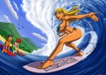  1girl 2boys abs anklet beach bikini blonde_hair blue_bikini blue_eyes blue_sky breasts brother-tico brown_hair cloud cloudy_sky commentary english_commentary grass green_shorts jewelry large_breasts long_hair mountain multiple_boys navel ocean open_mouth original outdoors palm_tree pearl_anklet purple_shorts red_hair shorts side-tie_bikini_bottom sky surf surfboard surfing swimsuit tan teeth tree upper_teeth_only 