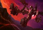  absurdres armored_core armored_core_vi:_fires_of_rubicon artist_name commentary energy flying full_body glowing glowing_eye gradient_sky gun high_up highres holding holding_gun holding_weapon machine_gun mecha mecha_focus missile_pod mountain name_connection nightfall_(armored_core_vi) no_humans one-eyed_mecha outdoors pile_bunker purple_sky raven_(armored_core_vi) red_sky robot science_fiction shoulder_cannon signature sky solo songbirds_(armored_core) tsudzura_(hiyokonohina831) weapon 