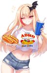  1girl bikini blonde_hair blue_shorts blush cgator clothes_writing crop_top crop_top_overhang cup cutoffs denim denim_shorts disposable_cup highres hot_dog indie_virtual_youtuber kou_mariya long_hair looking_at_viewer midriff multicolored_hair navel one_eye_closed print_bikini purple_eyes red_streaks shirt short_shorts shorts smile solo streaked_hair swimsuit t-shirt torn_clothes torn_shorts virtual_youtuber white_shirt 