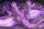 animal_genitalia black_claws cave chinese_description claws cloaca crystal crystal_horn digital_drawing_(artwork) digital_media_(artwork) dragon feathered_wings feathers female female_feral feral genitals hi_res legs_up looking_at_self lying lying_on_ground monotone_body monotone_feathers mythological_creature mythological_scalie mythology on_back on_ground open_mouth open_smile pseudo_horn purple_body purple_feathers purple_scales quadruped rear_view scales scalie shaded smile soft_shading solo tail velkhana4396 ventral_scales vulva winged_dragon wings