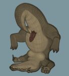 absurd_res animal_genitalia anthro belly big_belly big_tail claws cloaca crocodile crocodilian genitals hi_res ikaro jaw male multicolored_body neck_bulge paws penis reptile scales scalie scared_eyes sharp_teeth slit_penis solo tail teeth two_tone_body upside_down ventral_scales wallace yellow_sclera