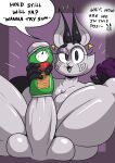 absurd_res anthro balls big_balls big_breasts big_penis black_body black_ears black_eyes black_fur bottomless bottomless_anthro bottomless_male bottomwear breasts cheek_spiral clothed clothing comic dialogue domestic_cat duo ear_piercing english_text eyebrows eyelashes fangs felid feline felis female fur genitals gloves_(marking) grey_body grey_fur grey_inner_ear grey_tongue hi_res hotpants huge_balls huge_breasts huge_penis hybrid interrupted_speech ippa_(ipskrimson) ippy_(ipskrimson) ipskrimson lagomorph legs_up leporid logo male male/female mammal markings mars_incorporated multicolored_body multicolored_fur nude nude_anthro nude_female penis piercing pringles pringles_can pulling_object purple_bottomwear purple_clothing purple_shorts rabbit raised_eyebrow shorts speech_bubble spread_legs spreading teeth text thick_thighs thighs_up tongue two_tone_body two_tone_fur