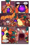 2026 2_horns 5_panel_comic absurd_res ambiguous_gender anthro belly biped black_text claws clenched_teeth comic detailed_background dialogue dragon ellipsis english_text exclamation_point eyes_closed female_(lore) finger_claws floor gem green_eyes group hi_res holding_orb horn jewelry kobold looking_at_another male_(lore) motion_lines mythological_creature mythological_scalie mythology obscured_eyes open_mouth orange_body orb page_number pendant question_mark questioning_ellipsis red_body roko_kirihoko saida scalie sharp_teeth sound_effects speech_bubble standing talking_to_another teeth text toe_claws toony virmir wall_(structure) white_sclera wings yellow_sclera