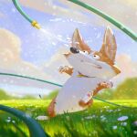 1:1 4_fingers ambiguous_gender anthro black_nose canid canine canis cloud collar countershade_face countershade_torso countershading day detailed detailed_background digital_drawing_(artwork) digital_media_(artwork) digital_painting_(artwork) domestic_dog feet fingers flower fur grass herding_dog hose inner_ear_fluff light looking_up lynn_chen mammal mouth_closed multicolored_body multicolored_fur orange_body orange_fur outside painting_(artwork) pastoral_dog pawpads paws pink_pawpads plant scared shaded sky solo teeth toes tongue toony tree tuft two_tone_body two_tone_fur water welsh_corgi white_body white_countershading white_fur