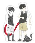  2boys absurdres antenna_hair black_eyes black_hair black_shoes black_socks black_sweater_vest black_tank_top bright_pupils brown_shorts cat closed_mouth collared_shirt colored_skin commentary_request double-parted_bangs dual_persona expressionless eyepatch hair_between_eyes highres holding holding_knife invisible_floor kneehighs knife male_focus medical_eyepatch mewo multiple_boys omori omori_(omori) shirt shoes short_hair short_sleeves shorts simple_background socks spoilers standing striped_clothes striped_shorts sunny_(omori) sweater_vest tank_top tsu_kaeki06 vertical-striped_clothes vertical-striped_shorts white_background white_pupils white_shirt white_shorts white_skin white_socks 