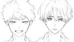  2boys closed_mouth dress_shirt fangs greyscale grin hair_between_eyes hikaru_ga_shinda_natsu indou_hikaru kaohom503 light_blush lineart male_focus mole mole_on_cheek mole_on_neck mole_under_eye monochrome multiple_boys multiple_moles school_uniform serious shirt short_hair simple_background slit_pupils smile straight-on tsujinaka_yoshiki white_background 