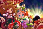  1boy 1girl alternate_costume arm_wrap bird blue_eyes blush_stickers braid braided_twintails brown_hair chirinn_(puyopuyo) closed_mouth commentary_request crane_(animal) dragon_boy dragon_horns dragon_tail earrings eastern_dragon_horns facial_hair fangzhang_(puyopuyo) feet_out_of_frame fire flame-tipped_tail floral_print flower gear_halo goatee green_hakama hakama hakama_pants hakama_skirt halo halo_behind_head high_ponytail horns japanese_clothes jewelry kimono lens_flare long_hair looking_at_viewer mountain multicolored_hair non-circular_lens_flare official_style open_mouth orange_hair outdoors pants pimyuhuwa pink_sash pointy_ears ponytail print_hakama puyopuyo puyopuyo_quest red-crowned_crane red_eyes red_flower red_horns red_sash sash scar scar_across_eye scar_on_face shirt short_sleeves skirt slit_pupils smile standing sunrise tail tree twin_braids twintails twitter_username two-tone_hair v-shaped_eyebrows white_hair white_kimono white_shirt wide_sleeves wristband yellow_halo 