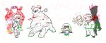  1boy 2girls blastoise brown_hair commentary crescent_halo disembodied_hand donphan english_text frlg.ips glitch halo hat highres hikaredgraves horror_(theme) leaf_(pokemon) long_hair marill millennium_(frlg.ips) multiple_girls pokemon pokemon_firered_and_leafgreen porkpie_hat sailor sailor_(pokemon) shadow shedinja simple_background skirt white_background white_hat 
