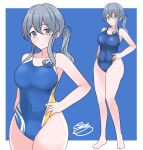  1girl absurdres alternate_breast_size alternate_costume blue_hair blue_one-piece_swimsuit breasts competition_swimsuit covered_navel cowboy_shot full_body gotland_(kancolle) grey_eyes hair_between_eyes hair_bun highleg highleg_swimsuit highres kantai_collection large_breasts long_hair looking_at_viewer mole mole_under_eye noruren one-piece_swimsuit signature single_hair_bun solo swimsuit two-tone_swimsuit 